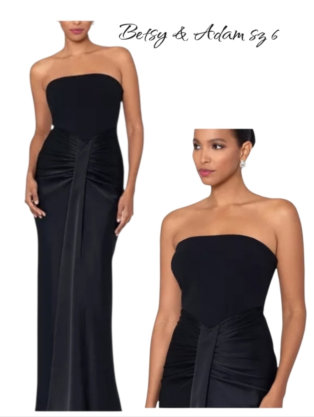 Betsy & Adam Black Strapless Ruched Satin Gown Maxi Dress Size 6